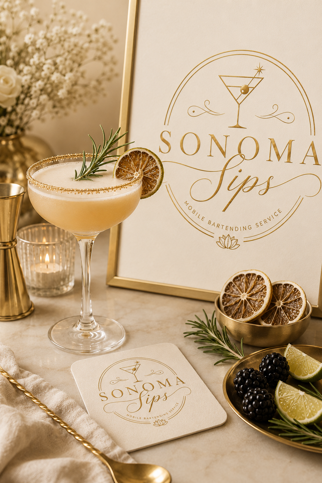 A cocktail garnished with a rosemary sprig and dried lemon slice, placed next to a 'Sonoma Sips' sign with gold lettering, surrounded by dried lemon slices, blackberries, lime wedges, and gold accents, on a table with a candle and floral arrangement in the background.