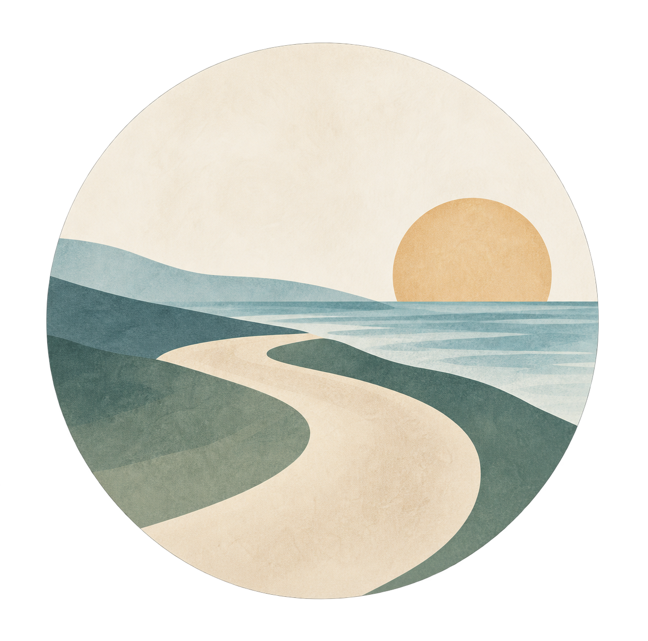 Minimalist illustration of a sunset over a beach with the sun near the horizon, calm water, a sandy shoreline, and distant hills in soft pastel colors.