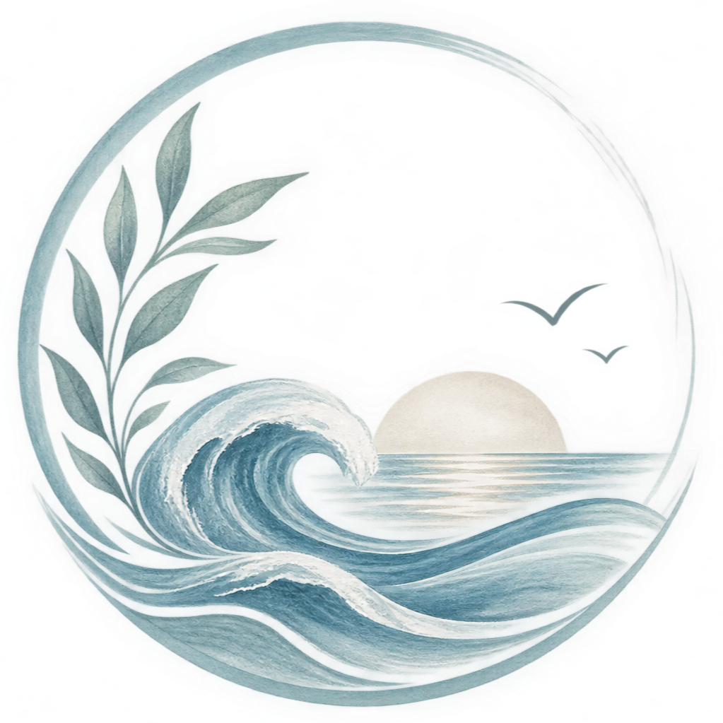 A stylized circular painting of waves crashing with a sunrise or sunset in the background, birds flying in the sky, and intricate decorative details.