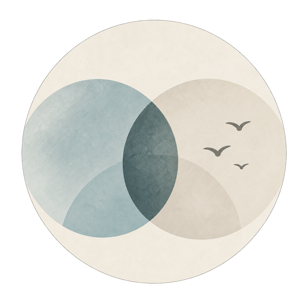 A circular diagram with overlapping semi-transparent circles, wispy background, and three flying bird silhouettes on the right side.