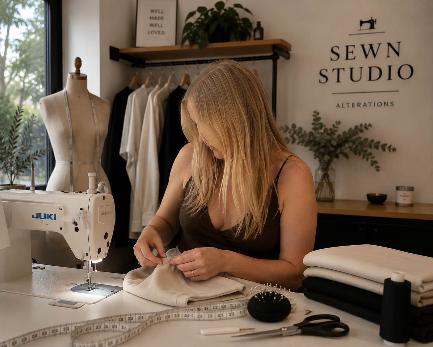 A woman sewing fabric at a sewing machine in a sewing studio with clothing and fabric around her.
