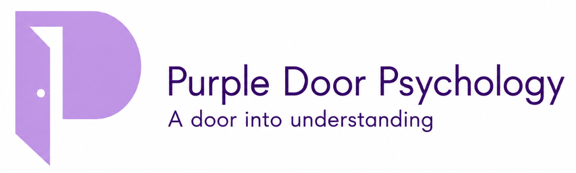 Logo for Purple Door Psychology with a purple door graphic and the text 'Purple Door Psychology' and 'A door into understanding'.