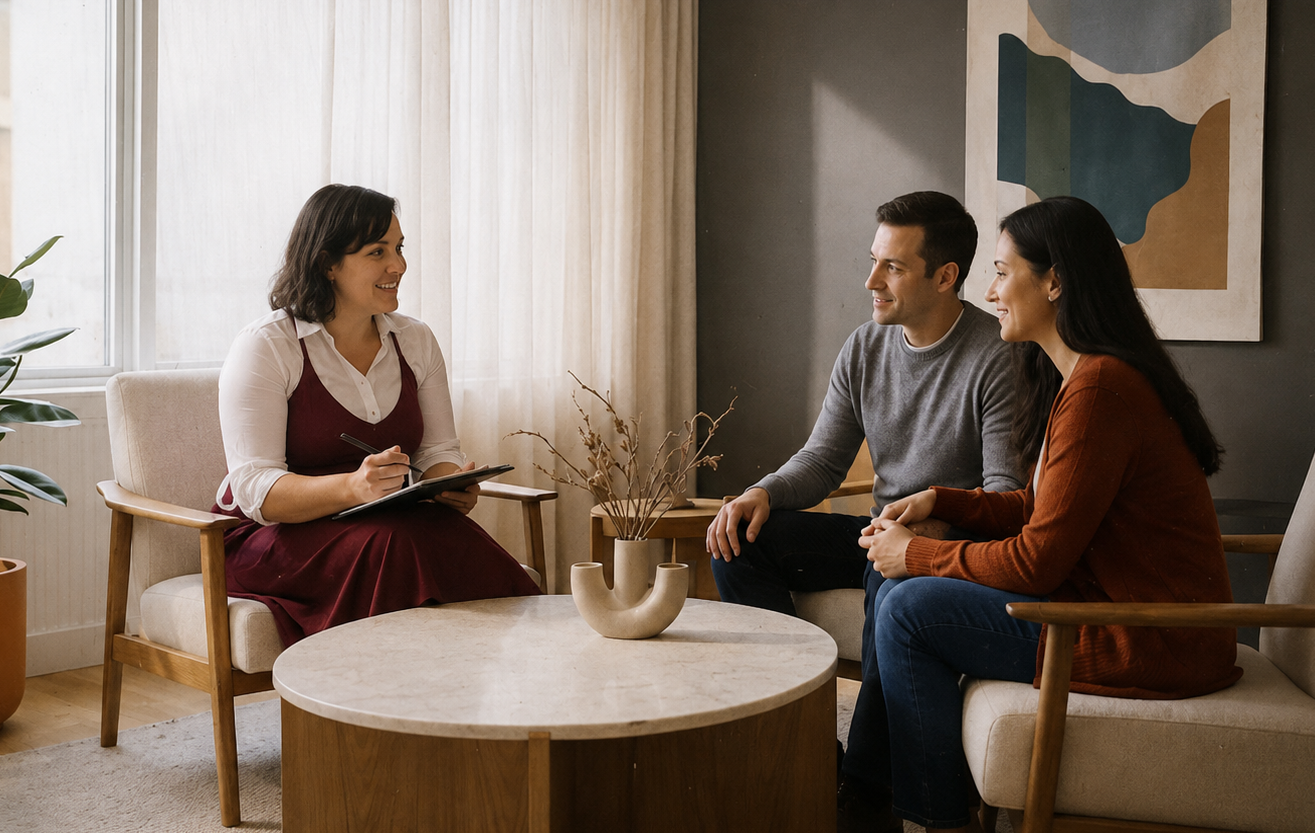 Emalyn Gooding clinical psychologist wearing maroon jumpsuit and white shirt sitting on a chair, holding a notepad and pen, talking to clients a man in a gray sweater and a woman in an orange sweater sitting on a sofa in a cozy living room.