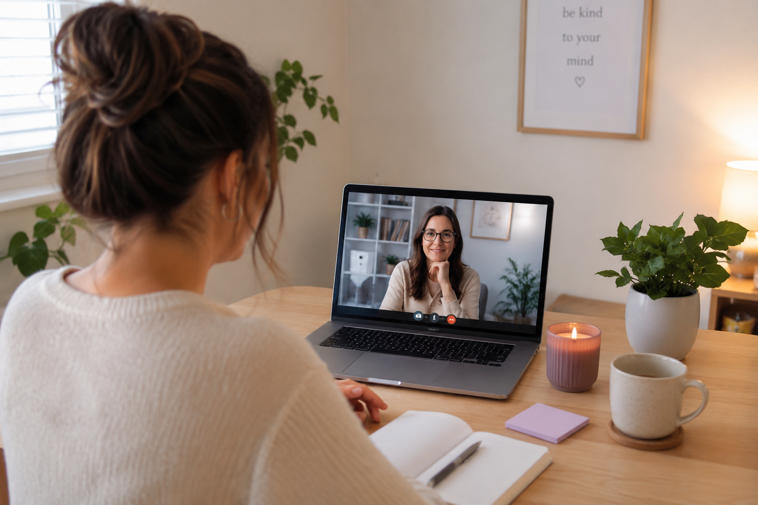 Woman sitting at a desk, engaged in a video call on her laptop with a woman smiling on the screen; desk has a planter, a lit candle, a mug, a notepad, and a notebook; room has a window, a framed quote, and a bookshelf.