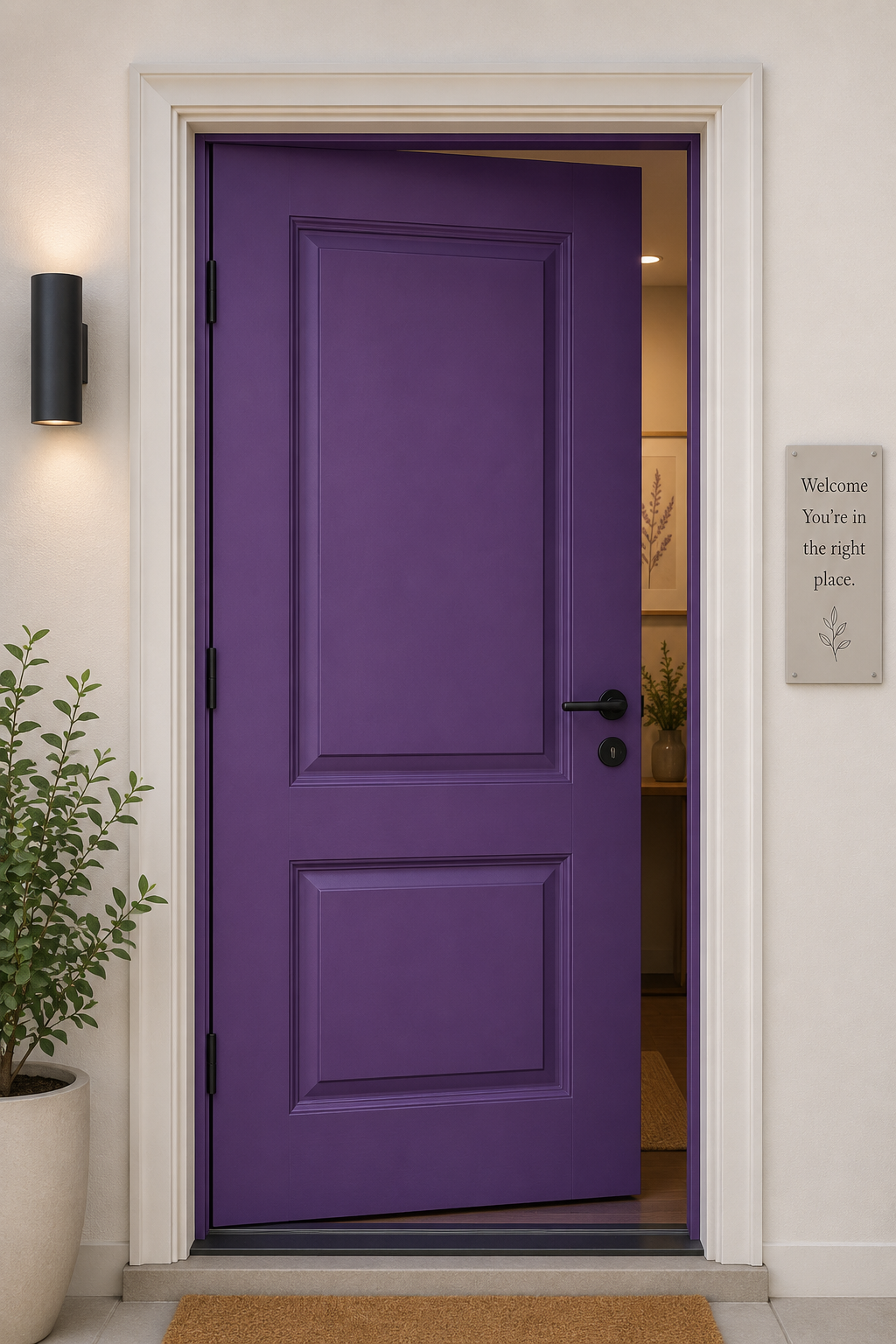 Open purple door with black handle in white wall, flanked by a potted plant on the left and a sign on the right that reads "Welcome You're in the right place" with a leaf illustration.