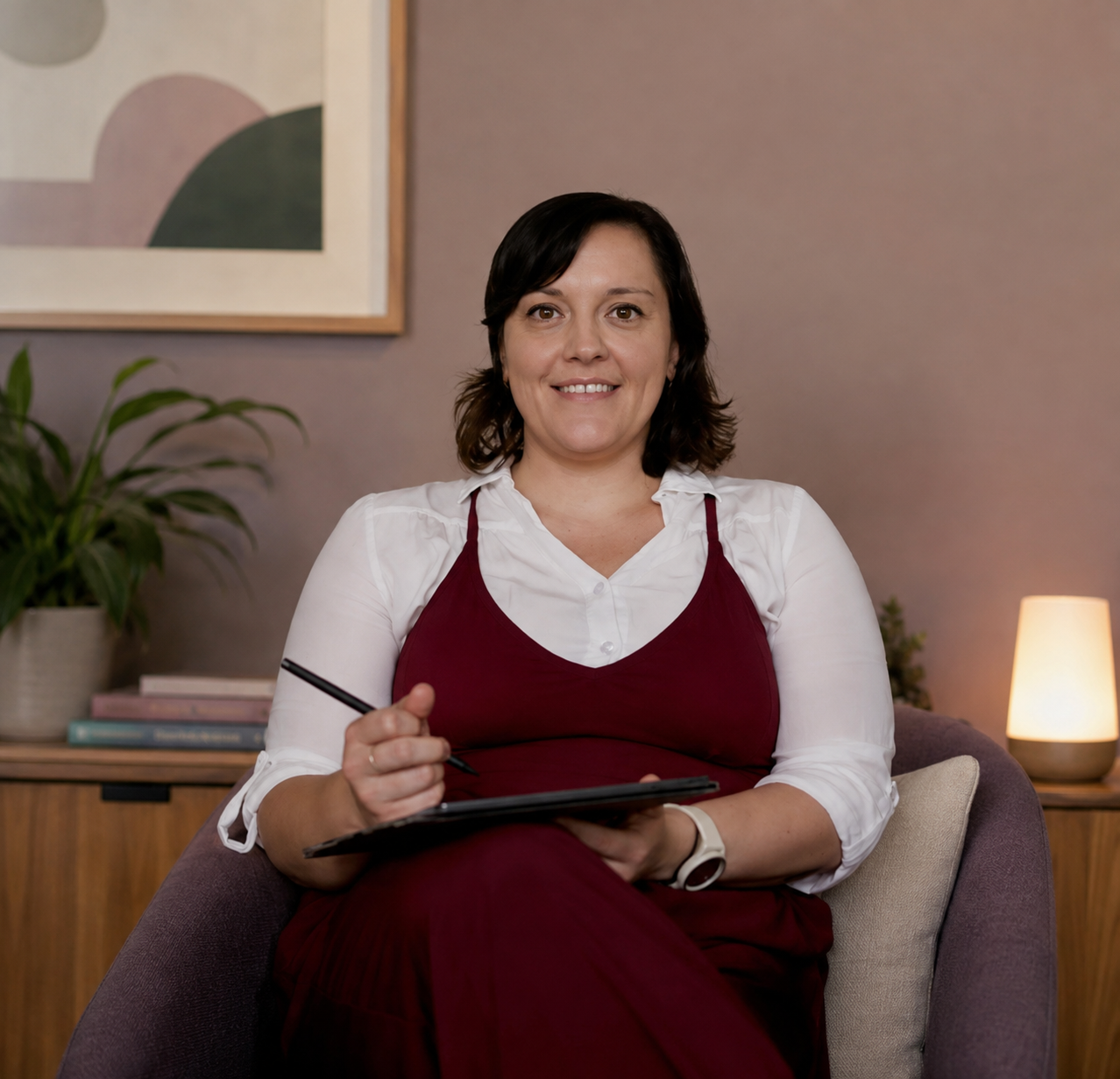 Emalyn Gooding Clinical Psychologist a woman with short brown hair smiling while sitting on a purple armchair, holding a digital tablet and stylus, in a warmly lit room with a potted plant, books, and abstract art on the wall behind her.
