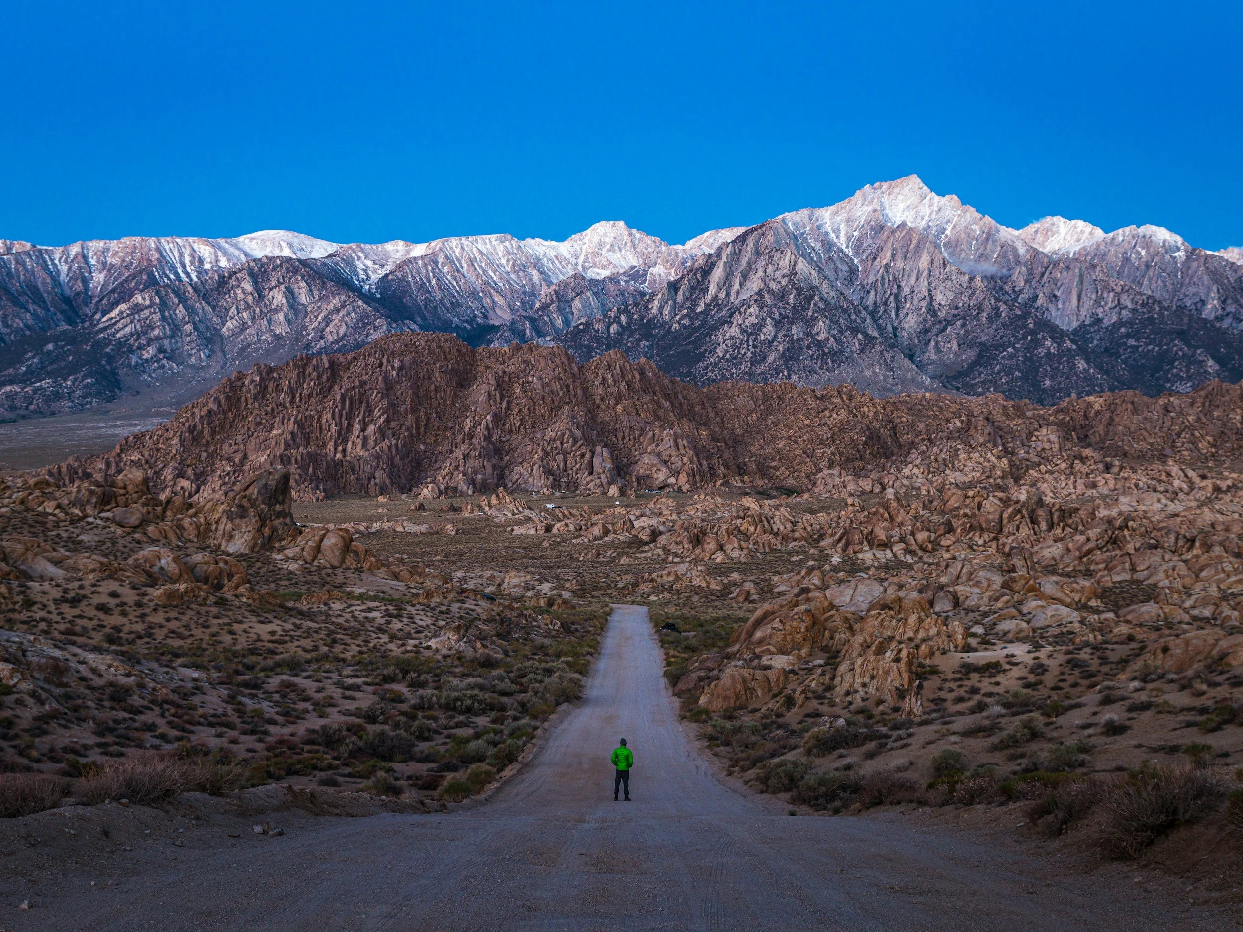 A person in a bright green jacket stands at the center of a dirt road in a vast desert landscape, with rocky and mountainous terrain in the background under a clear blue sky.