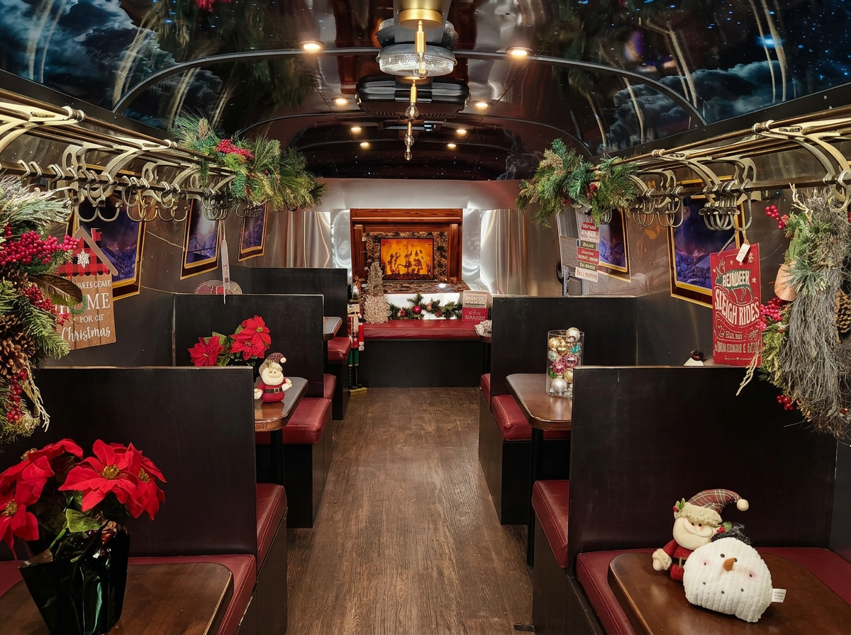 Inside a train decorated for Christmas, featuring red booths, holiday ornaments, poinsettias, and plush holiday characters like a snowman and Santa.