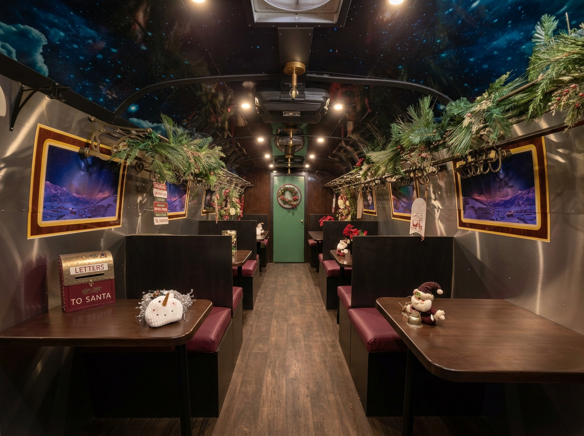 Inside a decorated train car with Christmas decorations including wreaths, garlands, small Santa figurines, and windows with mountain scenery.