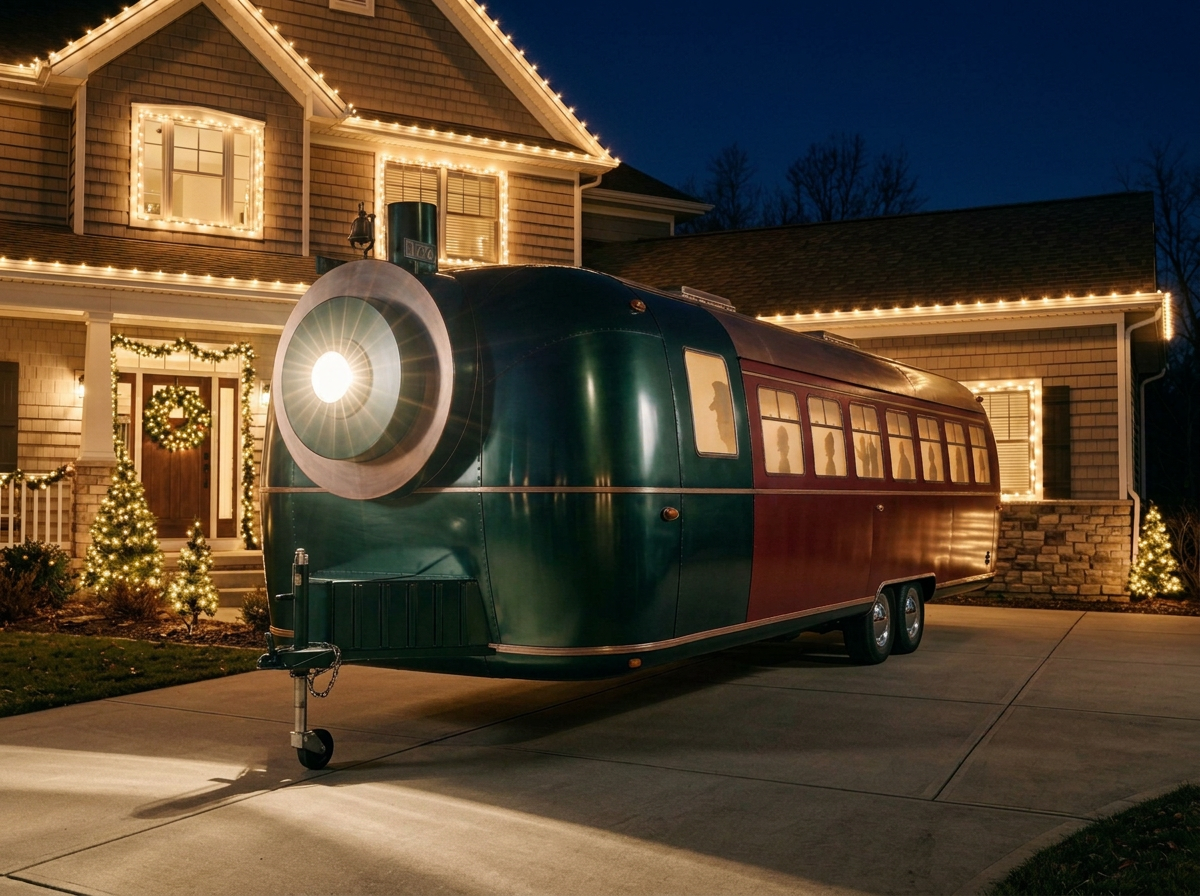 A vintage train car decorated as a Christmas display, parked in front of a house with holiday lights and wreaths, during evening.