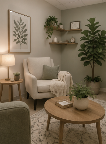 Cozy living room corner with beige armchair, side table with lamp, small plant, coffee table with potted plant, wall art, floating shelves with decor, large potted indoor plant, and soft lighting.