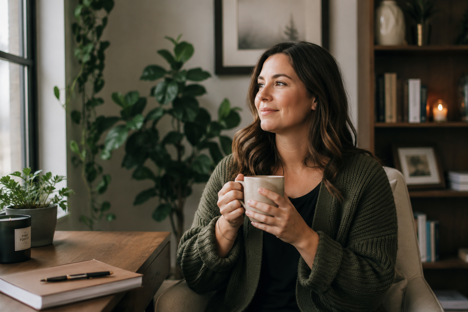 A woman sitting in a cozy room holding a mug, with green plants and a bookshelf in the background.