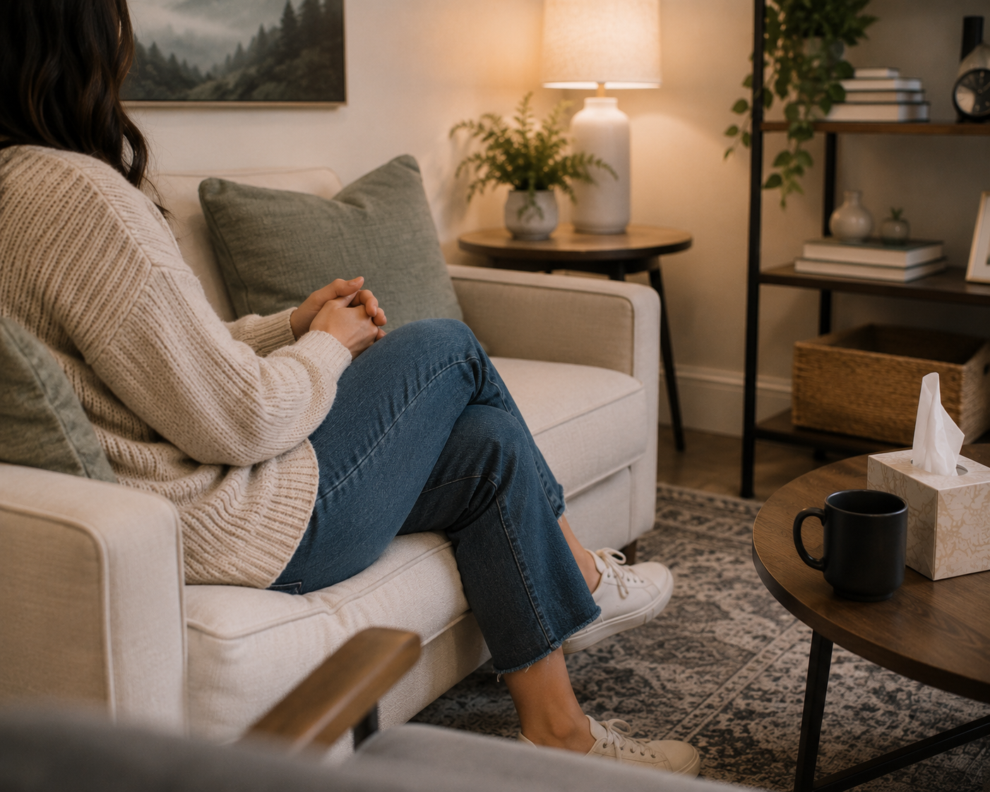 A woman sitting on a cream-colored sofa in a living room, with her hands clasped in her lap, wearing a beige sweater and jeans, with a black mug and tissues on a wooden coffee table nearby.