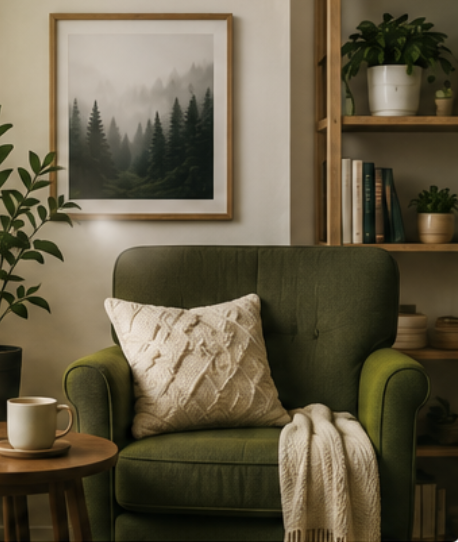 Cozy living room corner with an olive green armchair, beige cushion, cream throw blanket, wooden side table with a mug, and a bookshelf with potted plants and books, with misty forest art hanging on the wall.