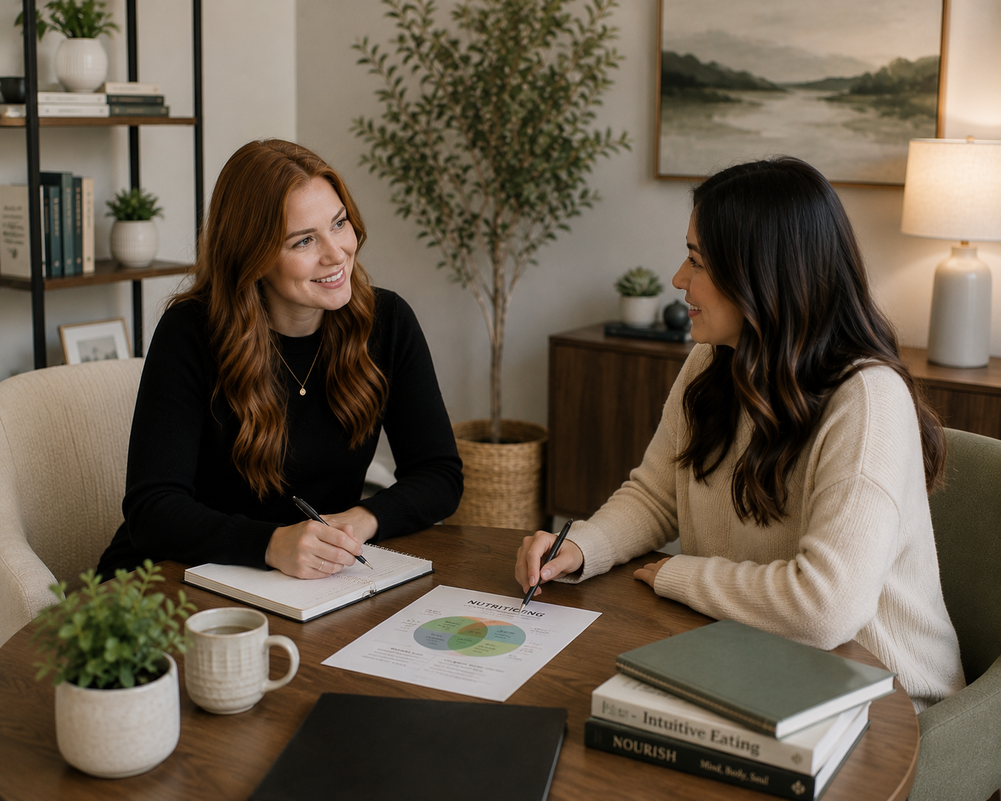 Two women sitting at a table having a discussion, with one woman taking notes and the other woman holding a pen over a nutrition-related document, in a cozy, well-decorated room.