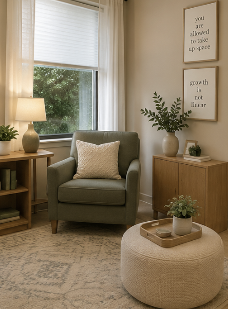 Cozy living room corner with a green armchair, a beige pillow, wooden side tables, a lamp, a potted plant, framed wall art, and a window with white curtains.