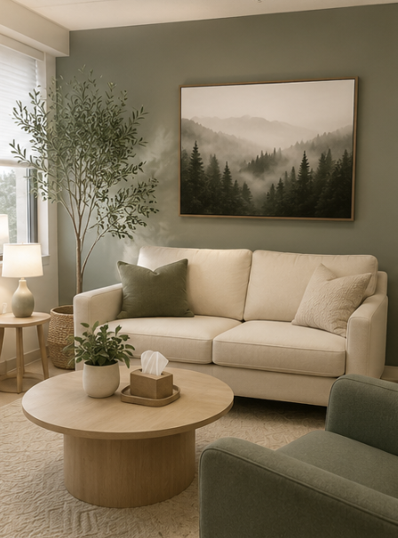 Living room with beige sofa, green and beige pillows, round wooden coffee table with plant and tissue box, green armchair, side table with lamp, large window with curtains, and framed nature photo on sage green wall.