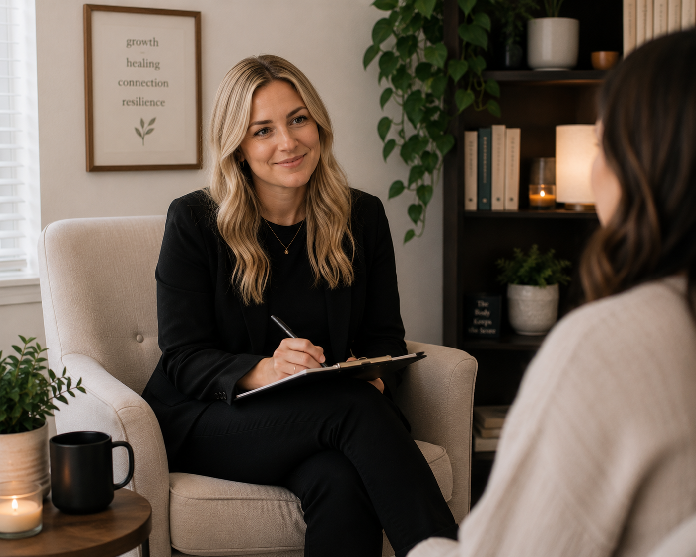 An woman with blonde hair in a black blazer, sitting on a beige armchair, smiling, holding a clipboard, during a counseling session with another woman in a beige sweater in a cozy, well-decorated room.