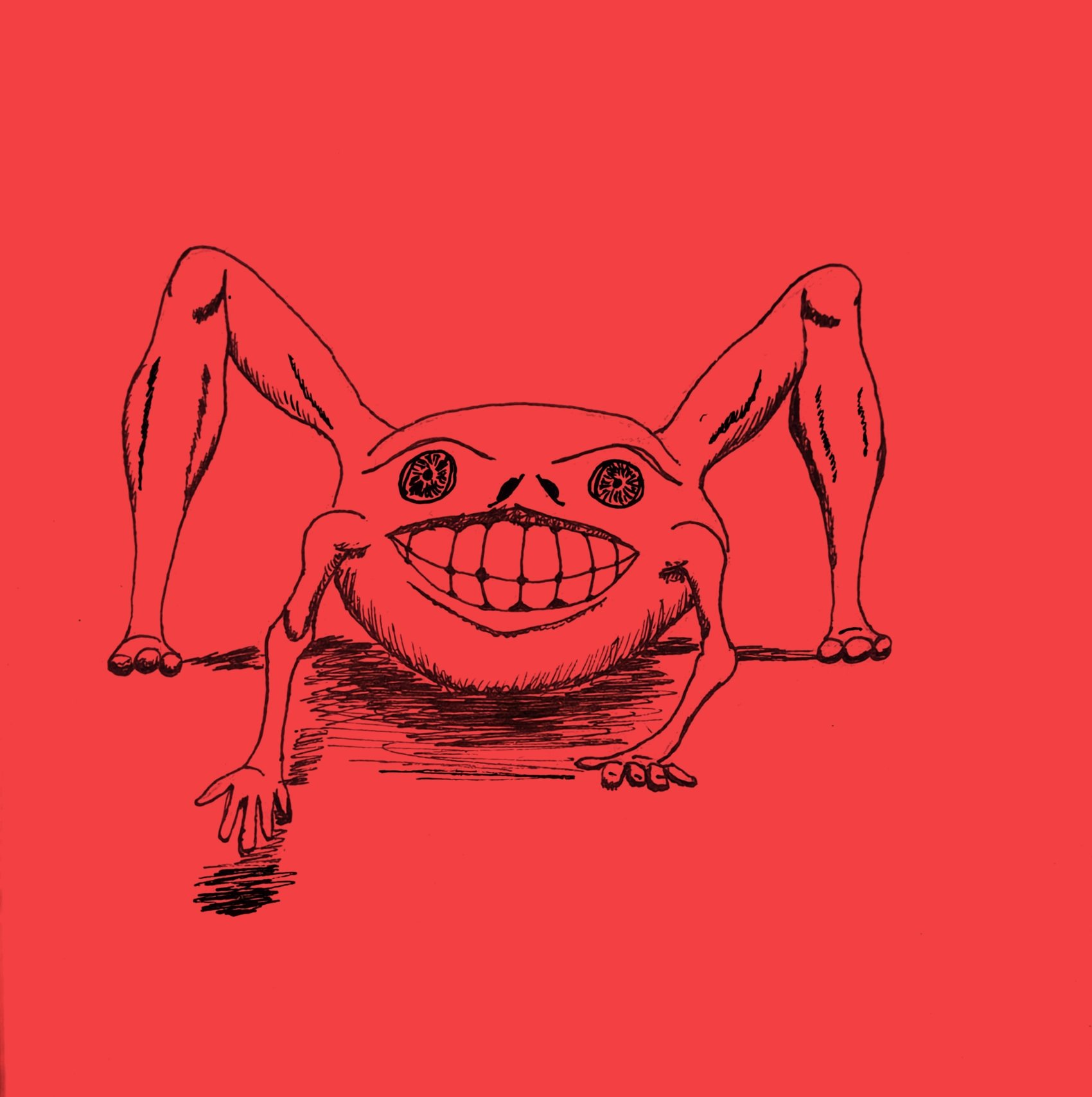 Grotesque, multi-limbed creature sketch in black ink on a stark red background for an indie TTRPG zine