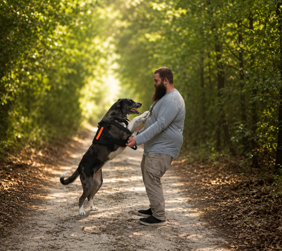 A man and a large dog playing on a forest trail, with sunlight filtering through the trees.