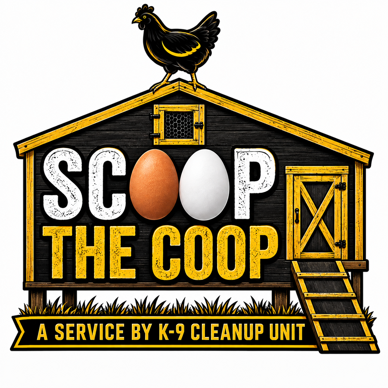 A barn-shaped graphic with a chicken on top, the words 'Scoop the Coop' in large white and yellow letters, and a slogan 'A Service by K-9 Cleanup Unit' at the bottom.