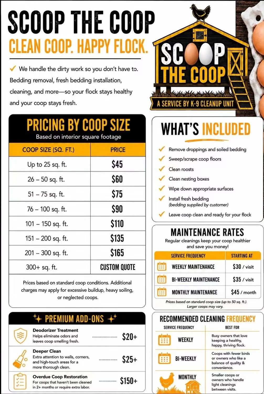 A flyer for Scoop the Coop, a K-9 cleanup service. It features a farm-themed logo with two eggs and a black hen. The flyer offers pricing based on coop size, includes service details such as removing droppings, cleaning floors, nests, installing bedding, and more. It also lists maintenance rates and premium add-ons like deodorizer, deep clean, and overcoat restoration, with service frequency recommendations.