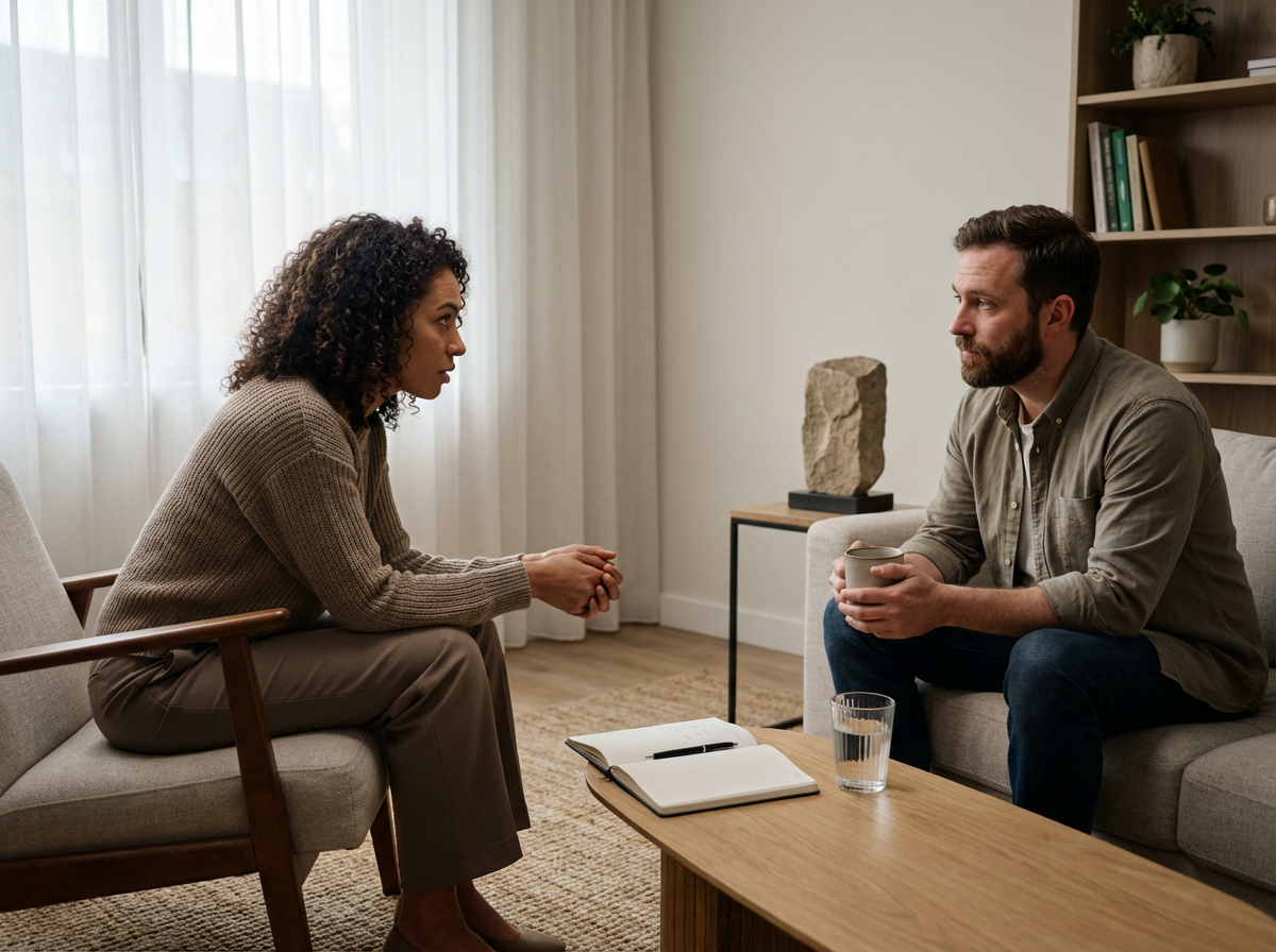 A woman and a man having a serious conversation in a living room. The woman is seated on a wooden armchair, and the man is sitting on a sofa holding a cup. There is a notebook and a glass of water on the coffee table in front of them, with a bookcase and a decorative stone in the background.