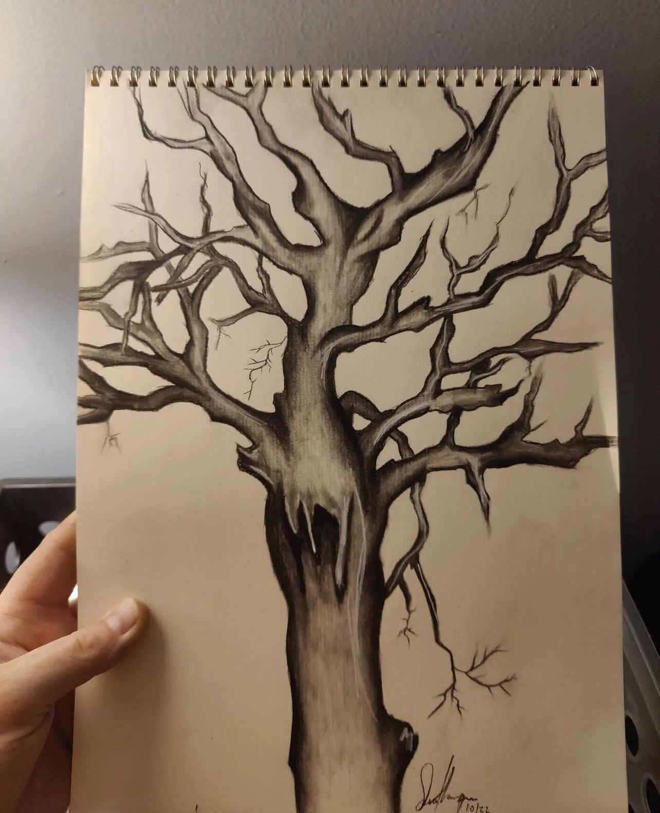 A detailed black and white drawing of a leafless, gnarled tree with twisting branches and a textured trunk.