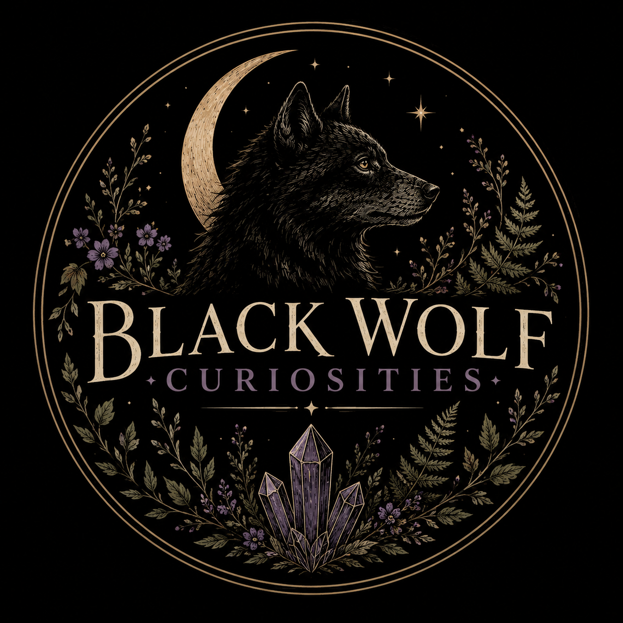 A black circle emblem featuring a detailed illustration of a black wolf's head, a crescent moon, stars, purple flowers, green leaves, and a cluster of purple crystals. The text reads 'Black Wolf Curiosities' in bold, capitalized letters.