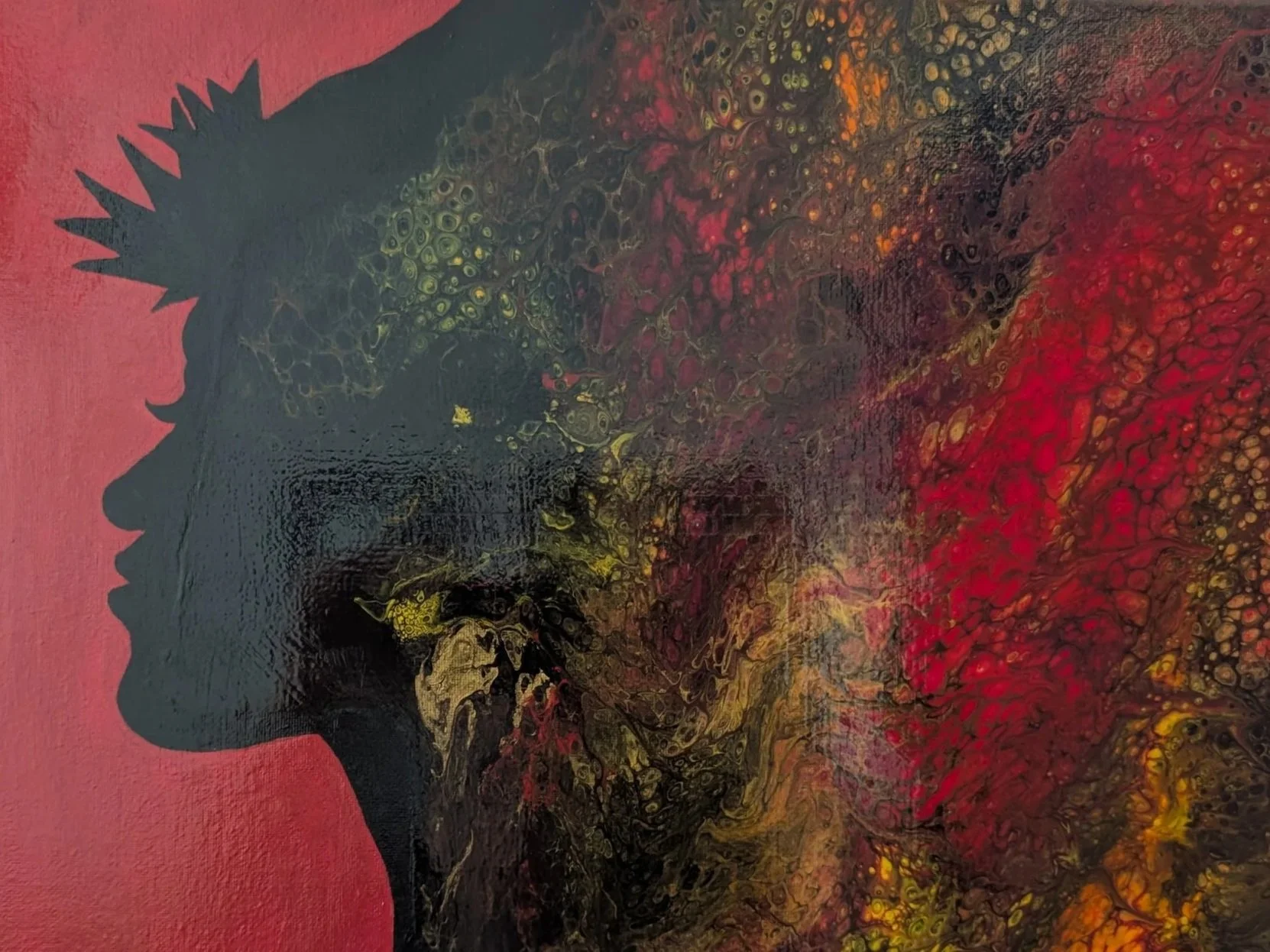 Painted silhouette of Madam Pele, set against a textured magenta background. Julie, owner of this intuitive massage studio in South Denver, is deeply connected to nature, mother earth, and Madam Pele.