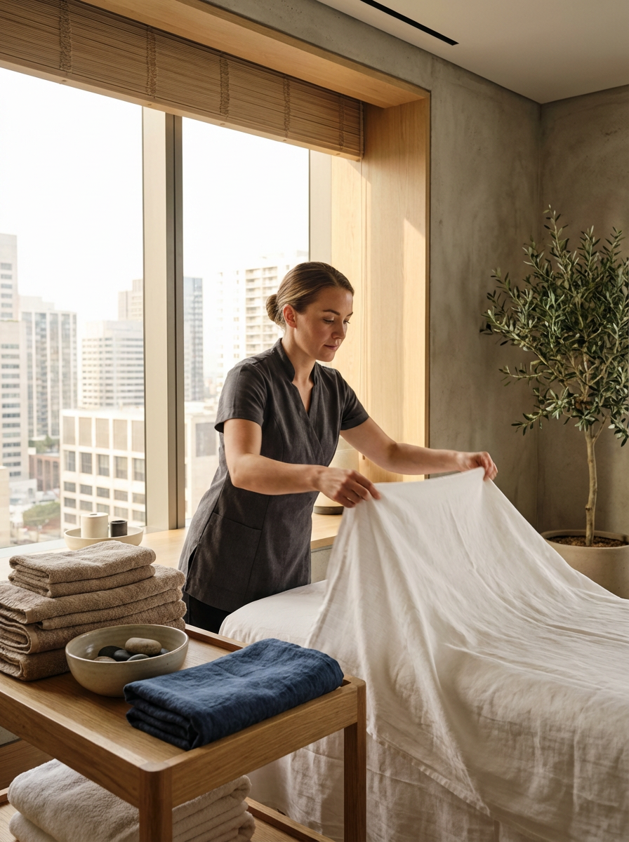 A woman making a bed in a bright room with large windows and a city view, surrounded by towels and textiles on a wooden table.