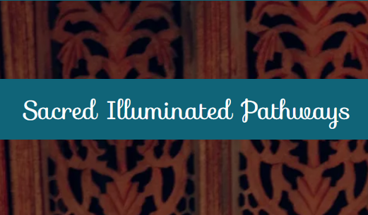Text on a blue banner reads 'Sacred Illuminated Pathways' against a dark ornate wooden background.  Logo for a wellness friend that this massage therapy studio endorses.
