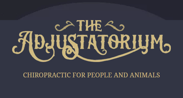 Sign for The Adjustatorium: Chiropractic for People and Animals with ornamental text on a dark background.  Logo for a wellness friend that this massage therapy studio endorses.