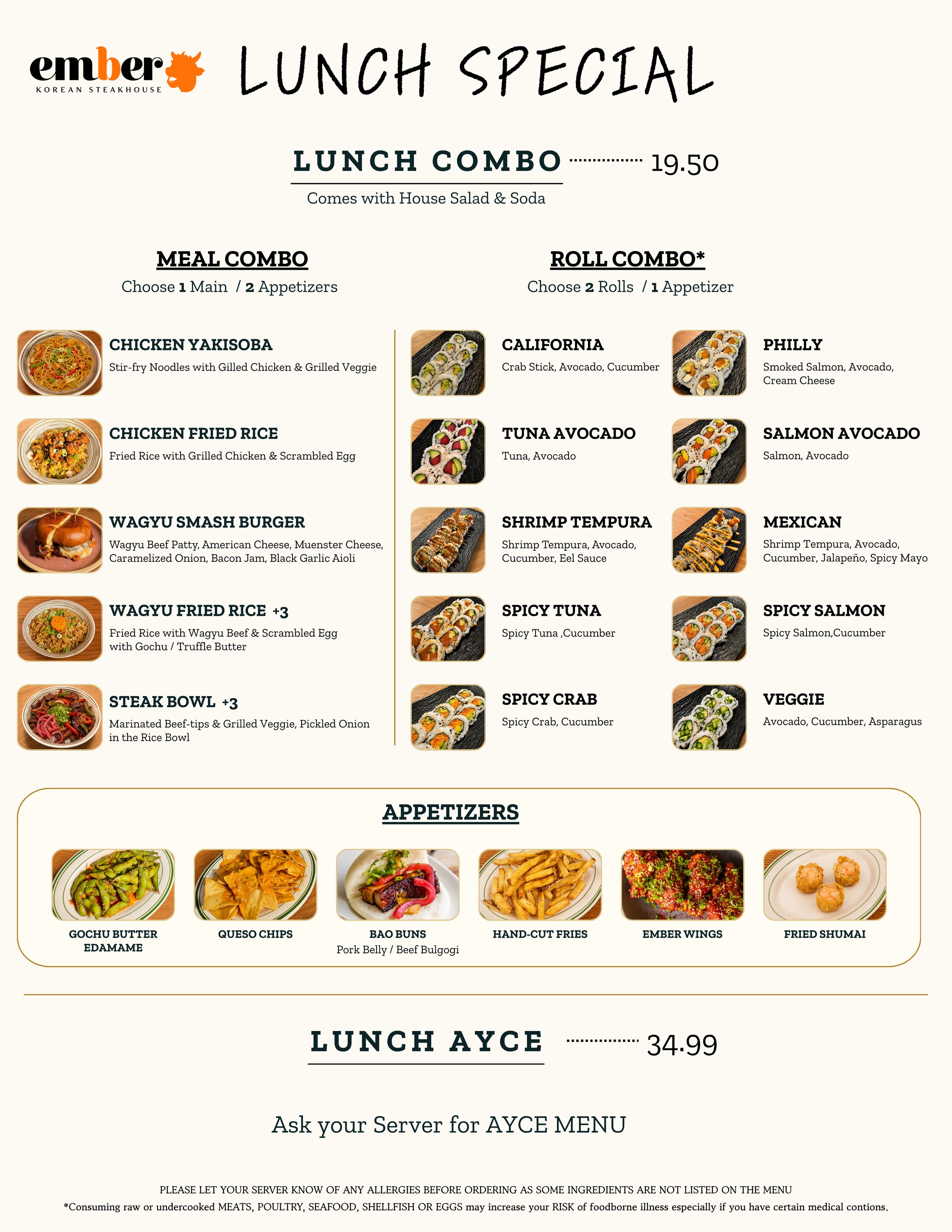 Menu from Ember Korean Steakhouse featuring lunch specials like protein combos, sushi rolls, appetizers, and various dishes with descriptions and prices.