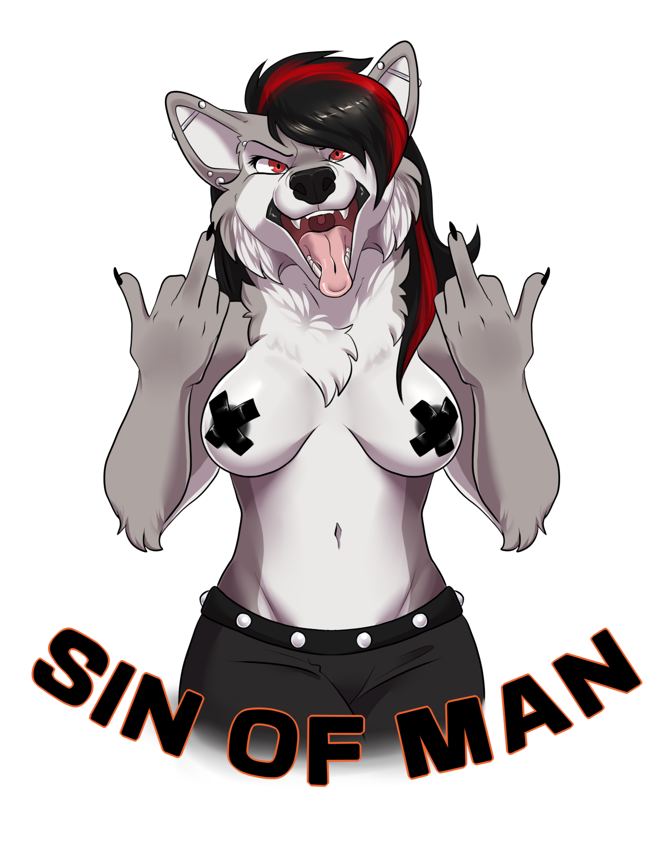 An anthropomorphic wolf with a punk style, black and red hair covering one eye, showing middle fingers with black gloves, wearing black pants with silver buttons, and a chant that says 'SAY NO OF MEN' in red and black text along the bottom.