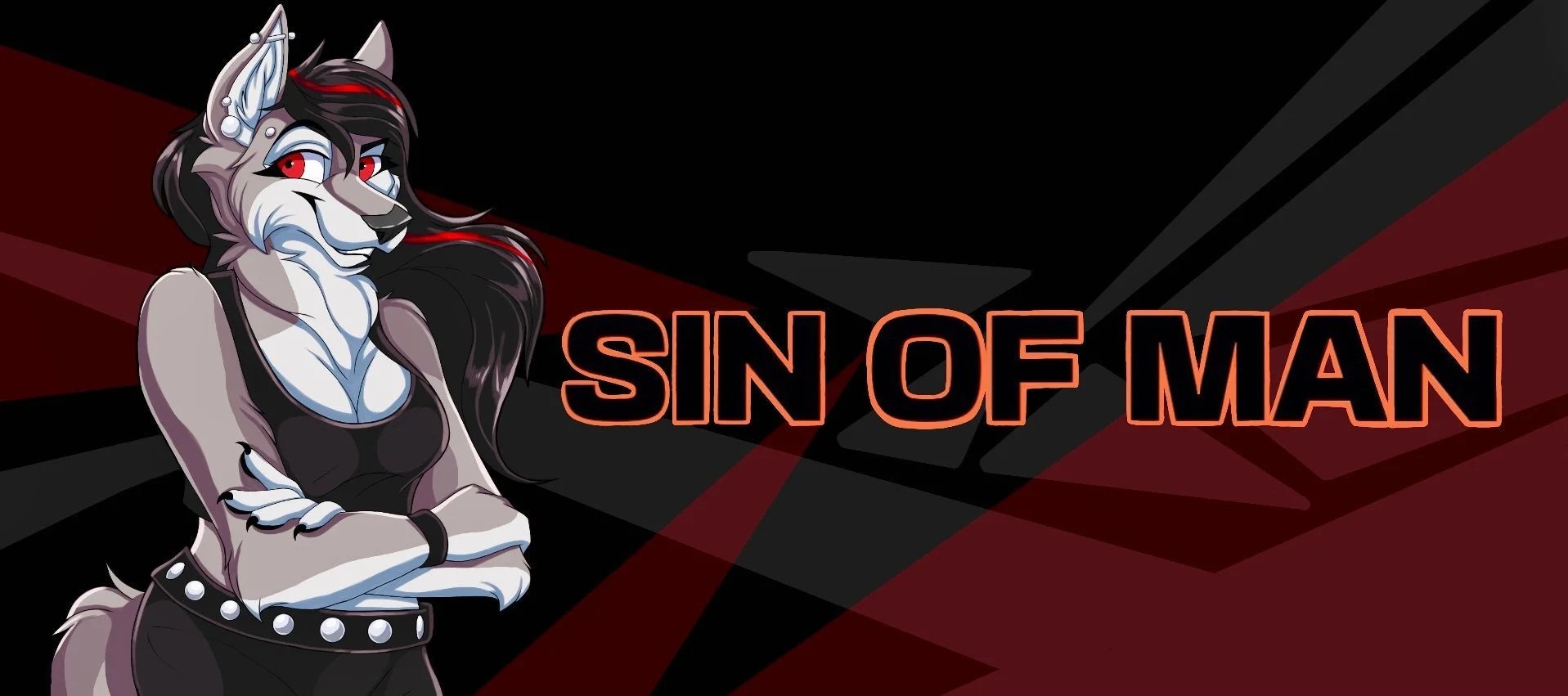 An animated anthropomorphic wolf with black hair, red eyes, wearing a black sleeveless top and studded wristbands. The background is dark with red and black geometric design elements, and the text 'SIN OF MAN' in bold orange outlines.