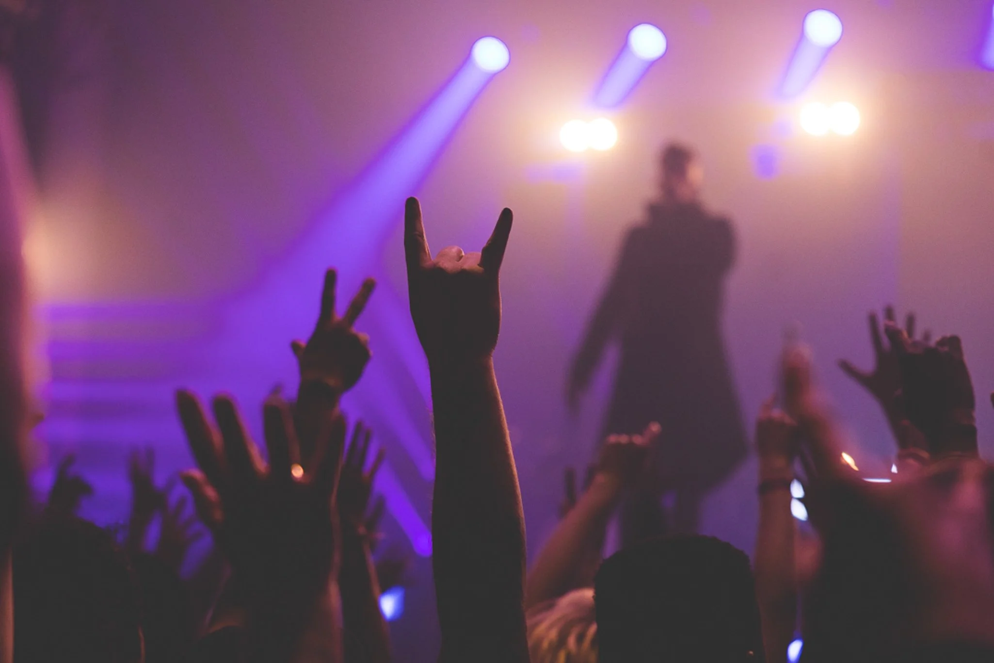 Audience at a music concert with hands raised, some making the 'rock on' gesture, under purple stage lighting.