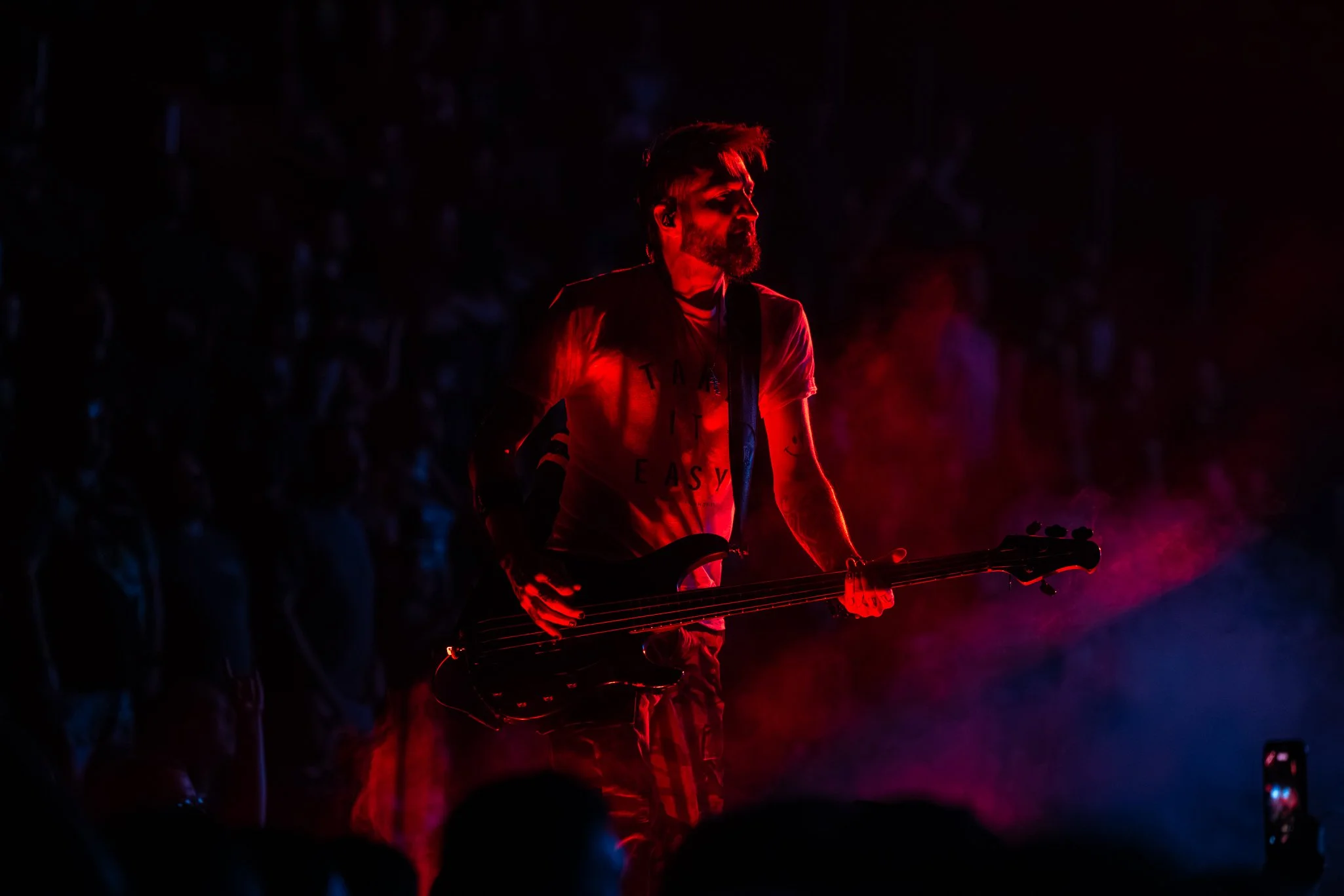 A man with a beard playing an electric guitar on stage, illuminated by red and purple lights, with a dark background and an audience in the shadows.