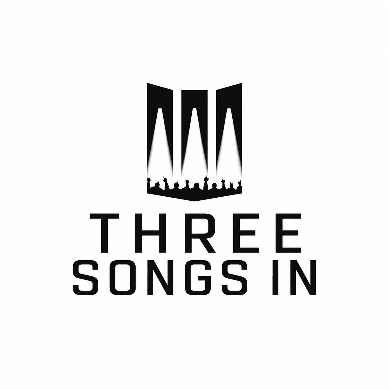 Logo with three raised hands in silhouette above the words 'Three Songs In' in bold black letters.