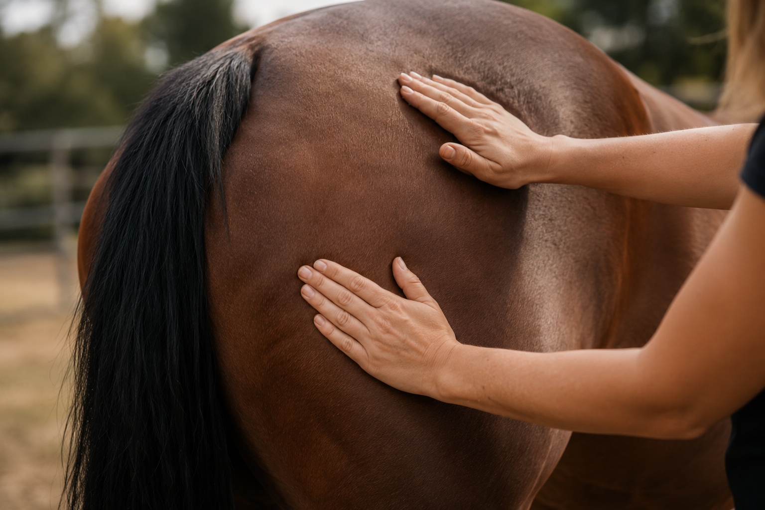 Person giving a massage on the back of a brown horse in an outdoor setting.