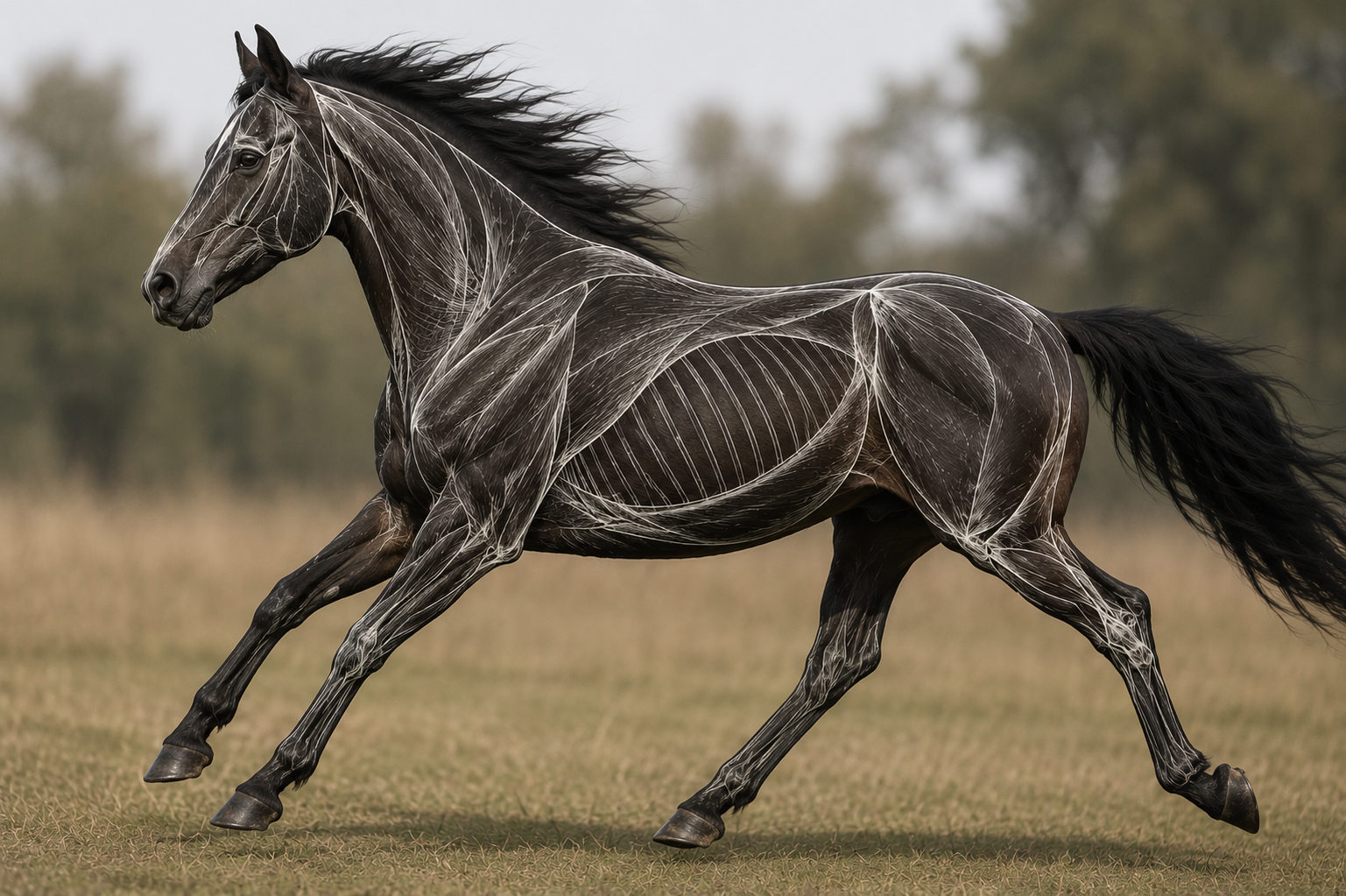A running horse with an overlay of muscle and skeletal anatomy illustrations.