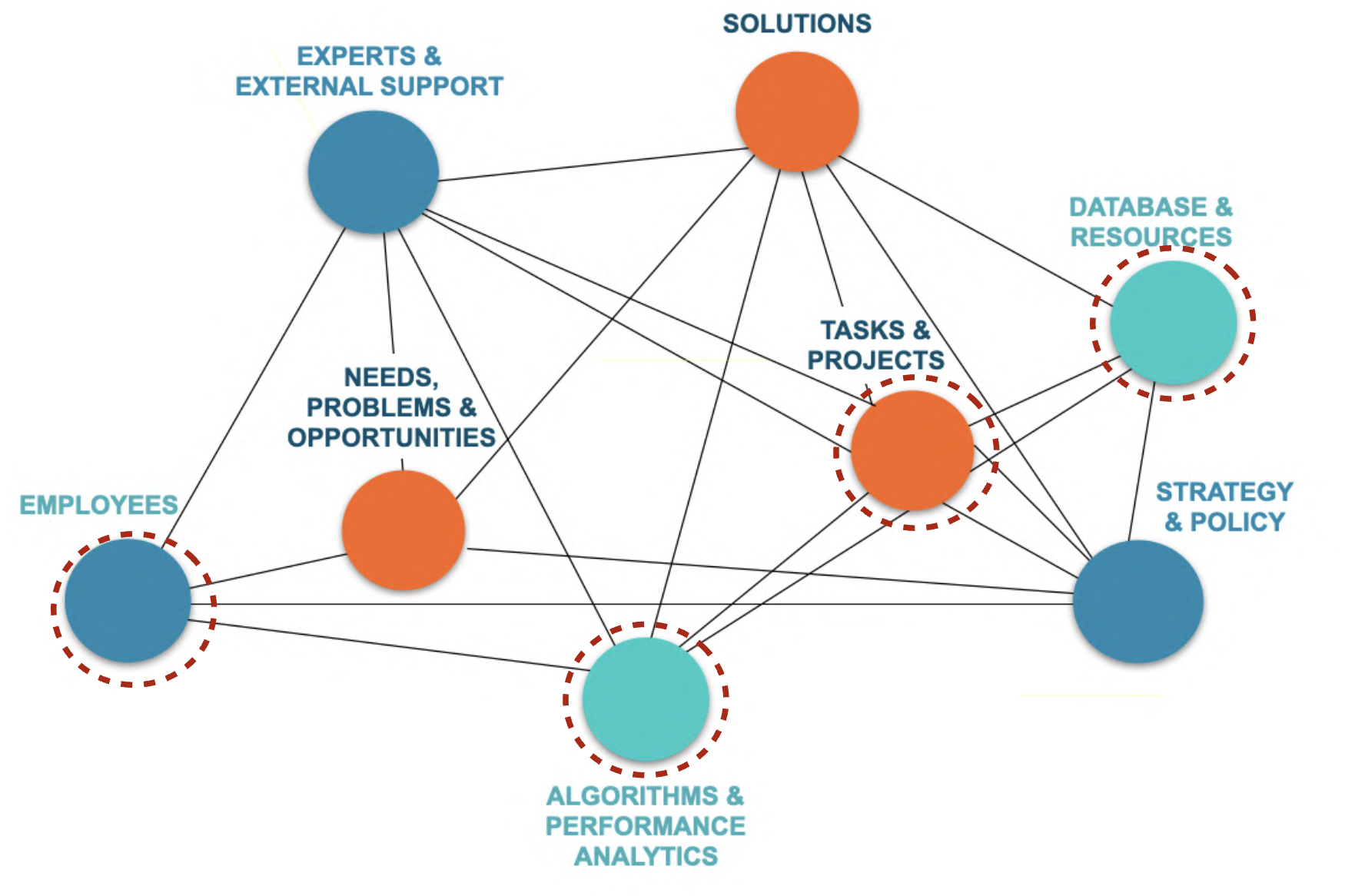 A network diagram representing connections between various business components including experts and external support, needs, problems and opportunities, algorithms and performance analytics, tasks and projects, strategies and policies, database resources, and employees. The diagram uses different colored circles and dashed red outlines to highlight specific elements.