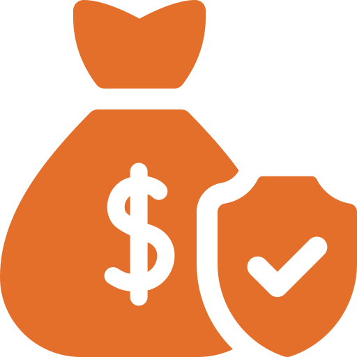 A graphic icon of a money bag with a dollar sign and a shield with a checkmark, representing financial security or protection.