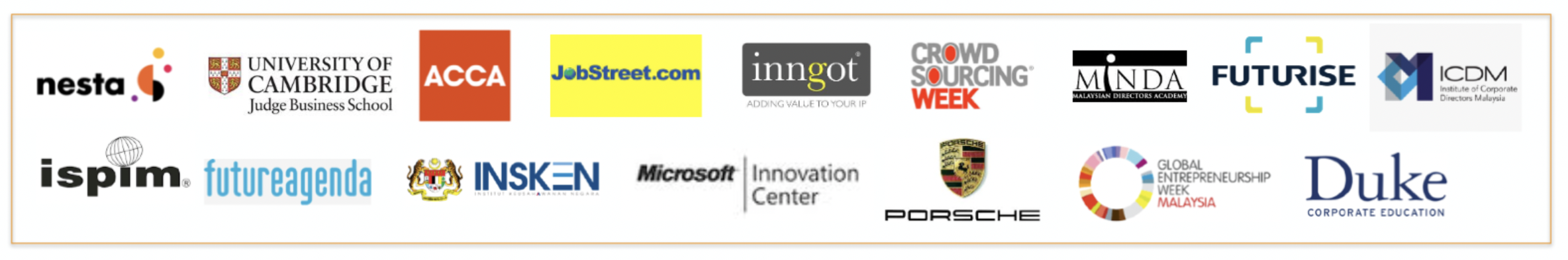 A collection of various corporate and educational logos arranged in a row, including Nesta, University of Cambridge, ACCA, JobStreet.com, Inggot, Crowd Sourcing Week, MNDA, Futureise, ICDM, Ispim, Future Agenda, the Malaysian government, Porsche, Global Entrepreneurship Week Malaysia, Duke Corporate Education, INSKEN, Microsoft Innovation Center, and others.