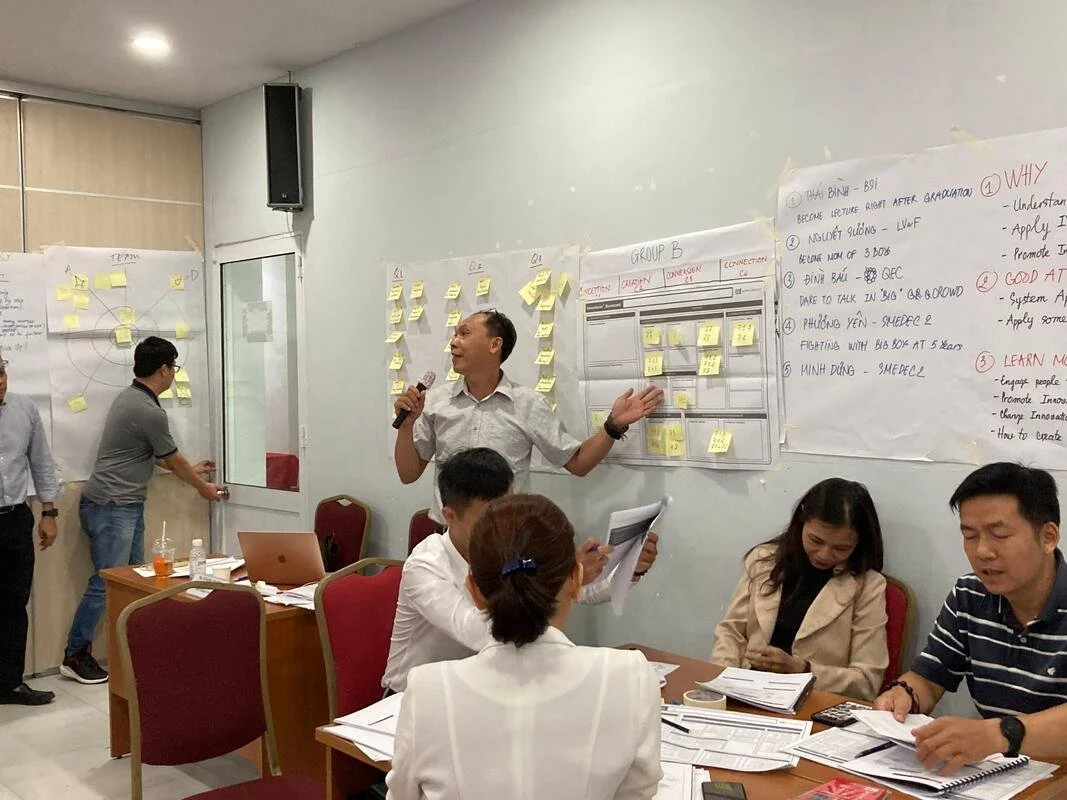 Business team participating in a workshop or meeting in a conference room, with sticky notes on whiteboards, and people engaging in discussions.