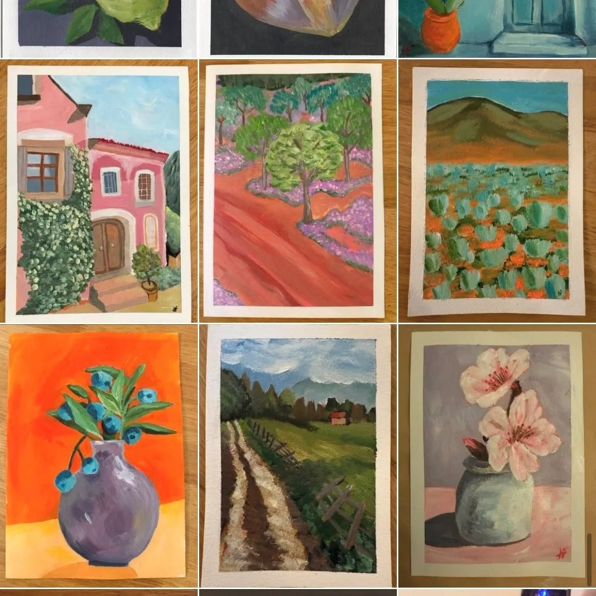 Collection of nine landscape and floral paintings, including a pink house with greenery, a dirt road through trees and flowers, a field of green plants, a vase of blueberries, a country path with mountains, and a flower in a gray vase.