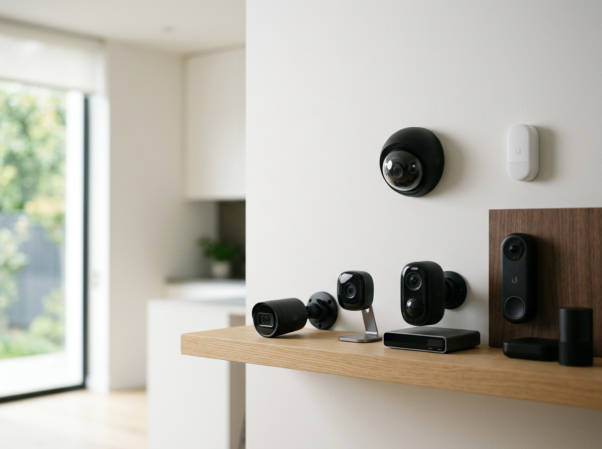 Collection of home security cameras and sensors on a wooden shelf and wall, with a blurred background of a living room and sliding glass door.