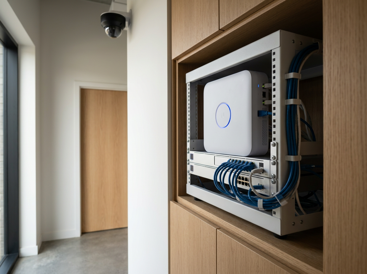 Wall-mounted network cabinet with a white router and network switch, containing Ethernet cables.