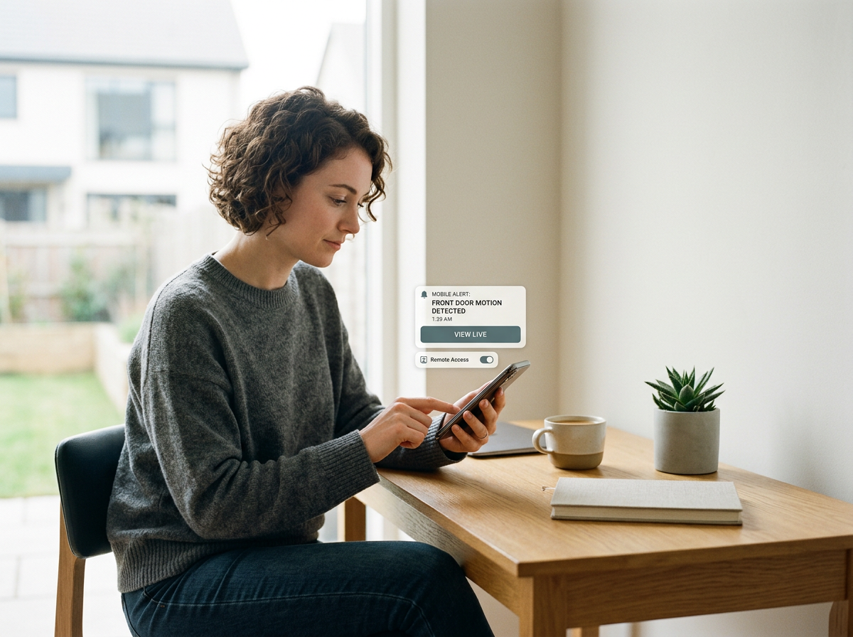 Woman sitting at a wooden table with a coffee mug, book, and potted plant, looking at her smartphone with a notification about a front door motion detected.