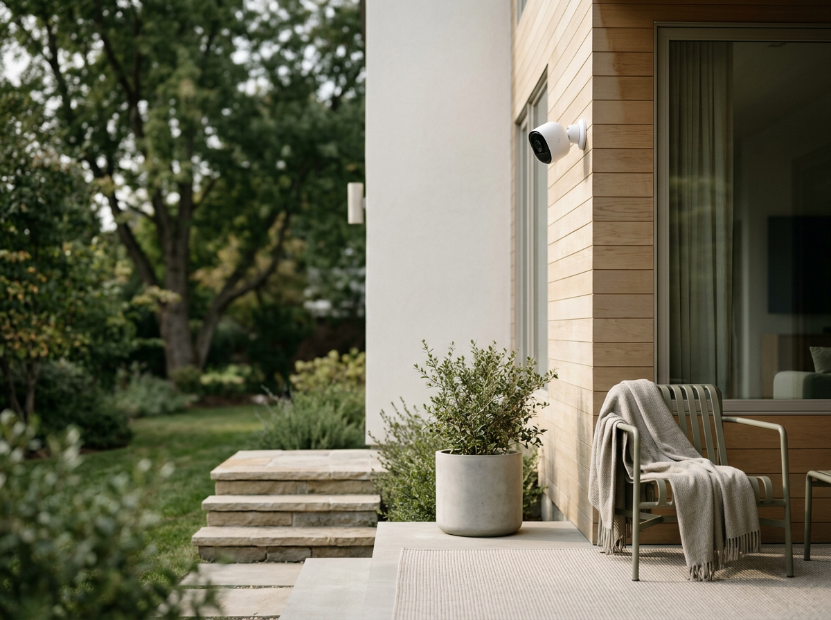 Outdoor patio with beige steps, a potted plant, a chair with a blanket, and a security camera mounted on a wooden exterior wall of a house, with a green garden and trees in the background.